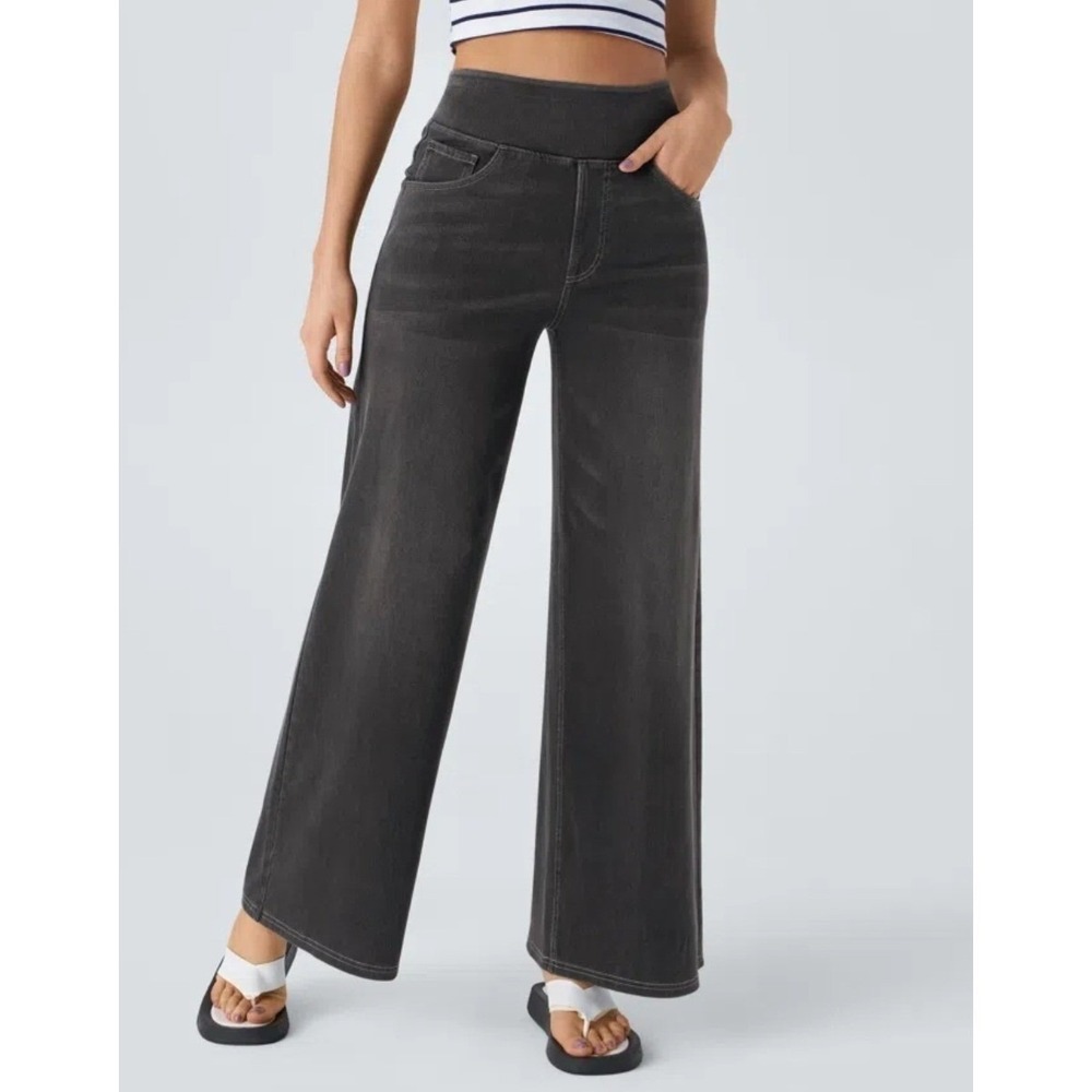 Halara Flex High Waisted Pockets Baggy Wide Leg Washed Casual Jeans XXS Regular